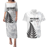 Personalised New Zealand 2025 Archery Couples Matching Puletasi and Hawaiian Shirt Aotearoa Silver Arrows White