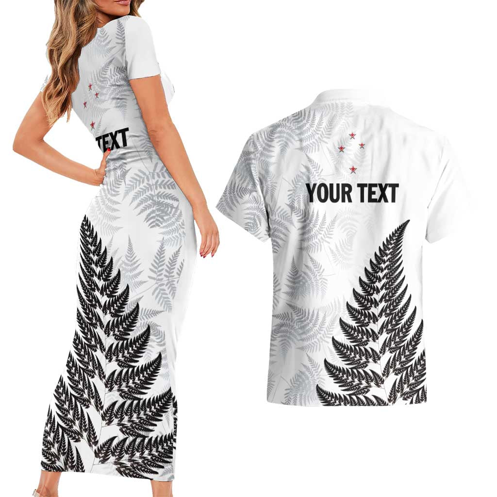 Personalised New Zealand 2025 Archery Couples Matching Short Sleeve Bodycon Dress and Hawaiian Shirt Aotearoa Silver Arrows White