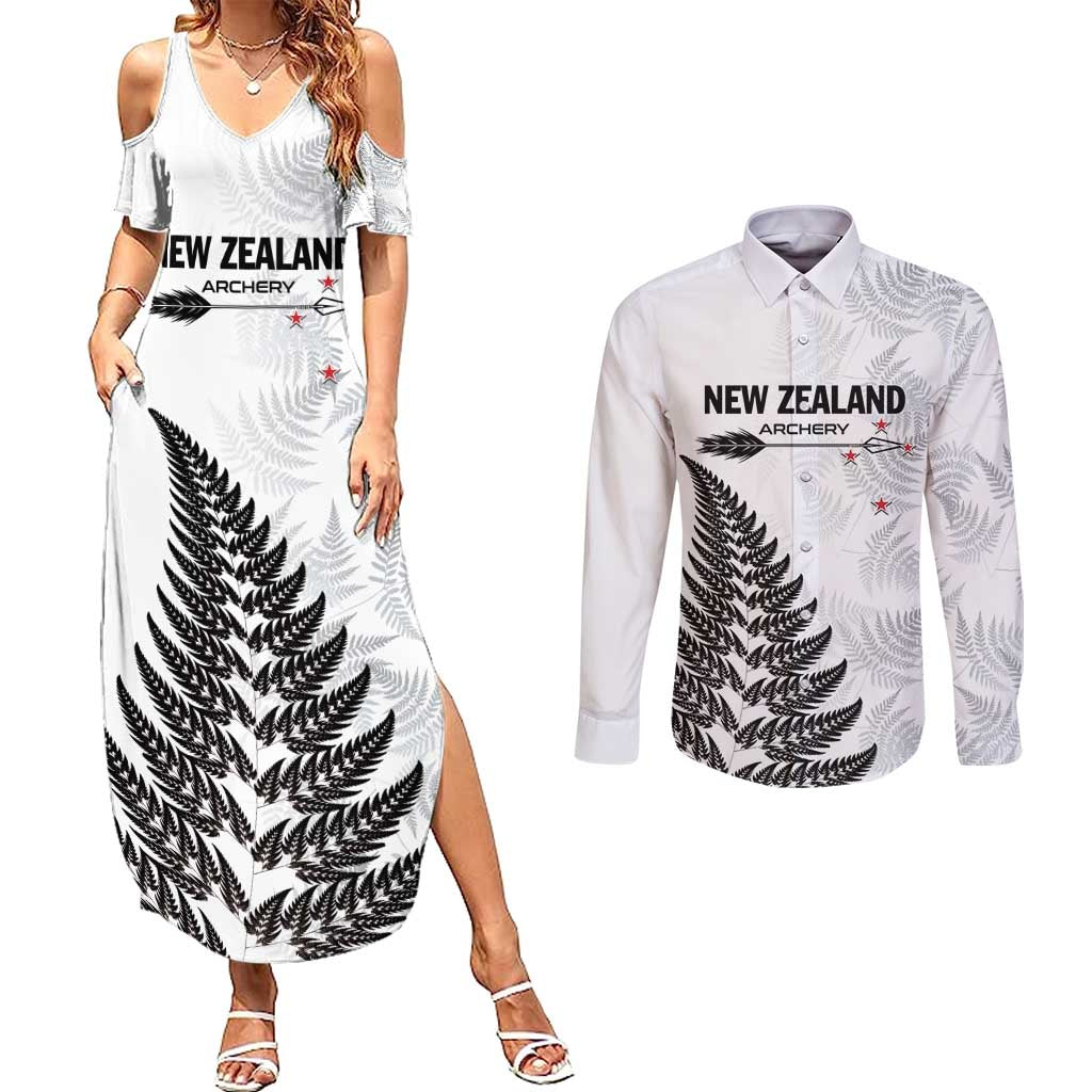 Personalised New Zealand 2025 Archery Couples Matching Summer Maxi Dress and Long Sleeve Button Shirt Aotearoa Silver Arrows White
