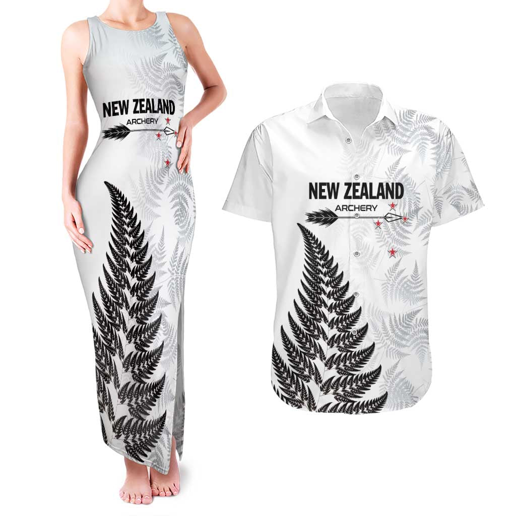 Personalised New Zealand 2025 Archery Couples Matching Tank Maxi Dress and Hawaiian Shirt Aotearoa Silver Arrows White