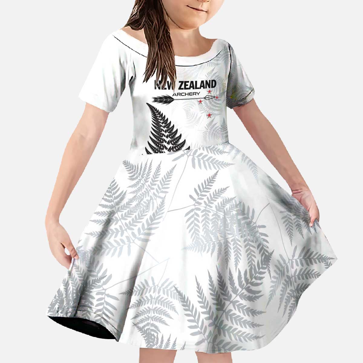 Personalised New Zealand 2025 Archery Family Matching Off The Shoulder Long Sleeve Dress and Hawaiian Shirt Aotearoa Silver Arrows White