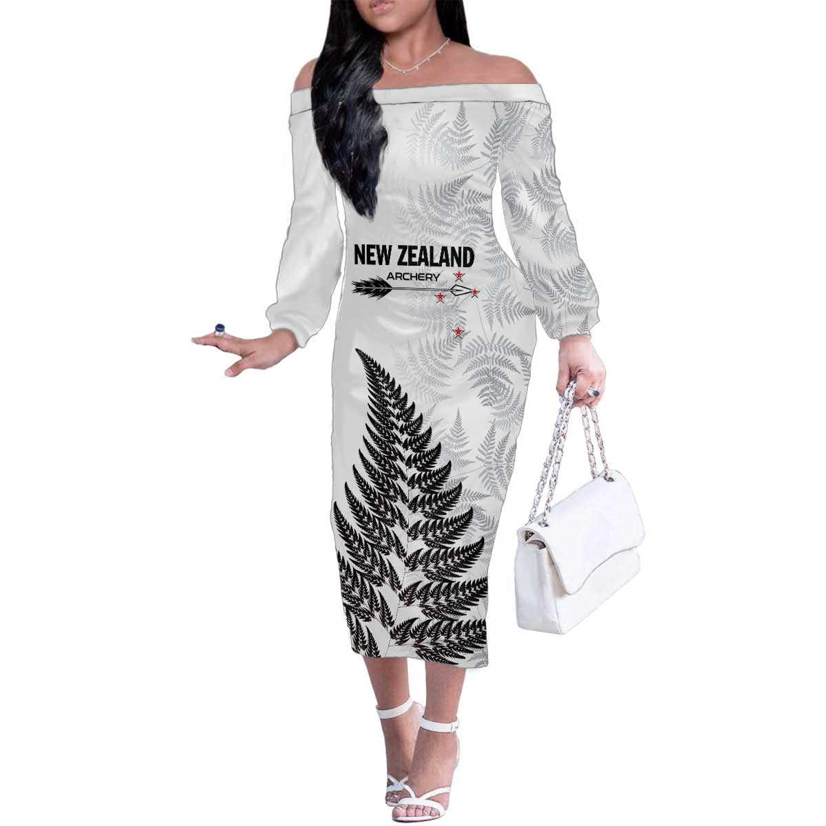 Personalised New Zealand 2025 Archery Family Matching Off The Shoulder Long Sleeve Dress and Hawaiian Shirt Aotearoa Silver Arrows White
