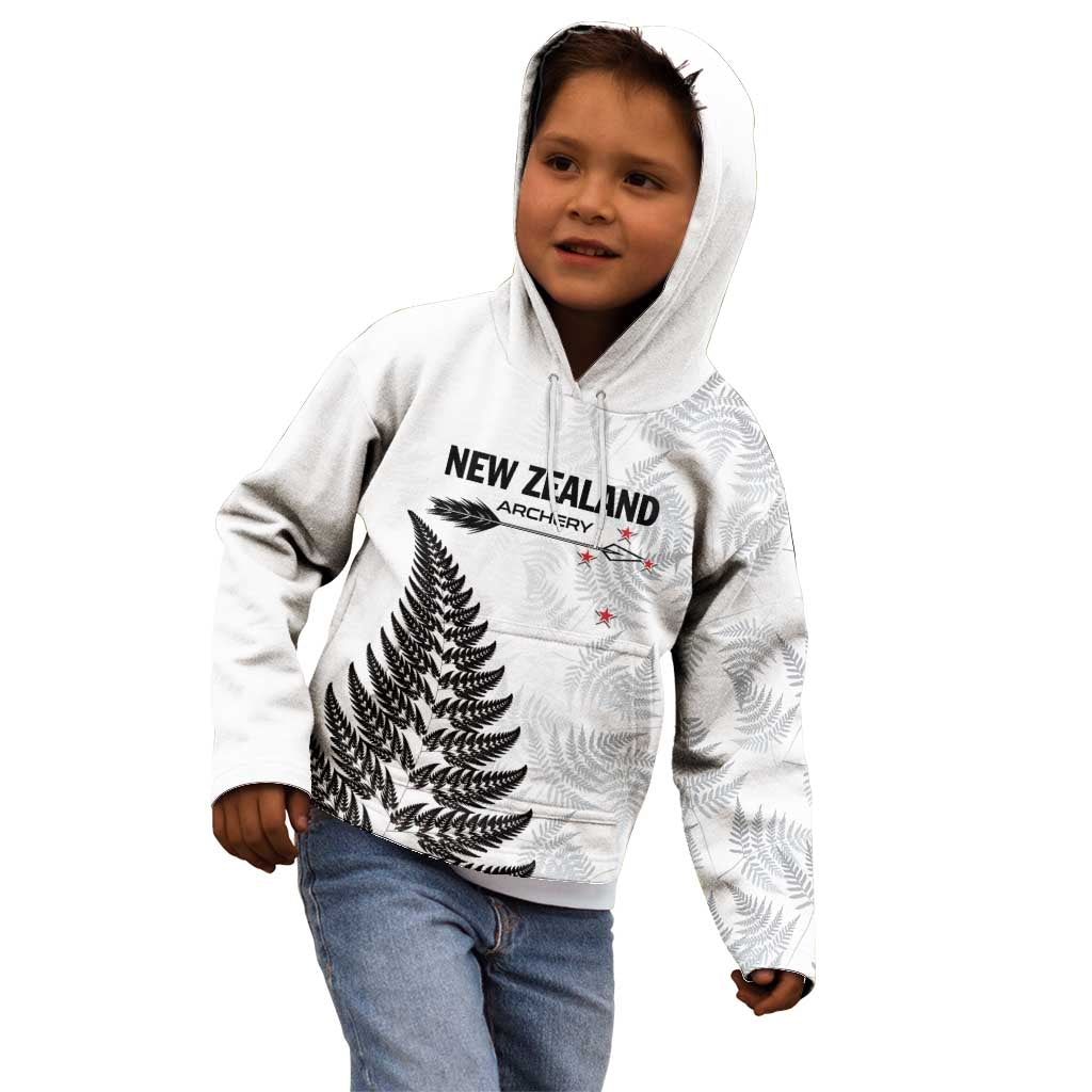 Personalised New Zealand 2025 Archery Kid Hoodie Aotearoa Silver Arrows White