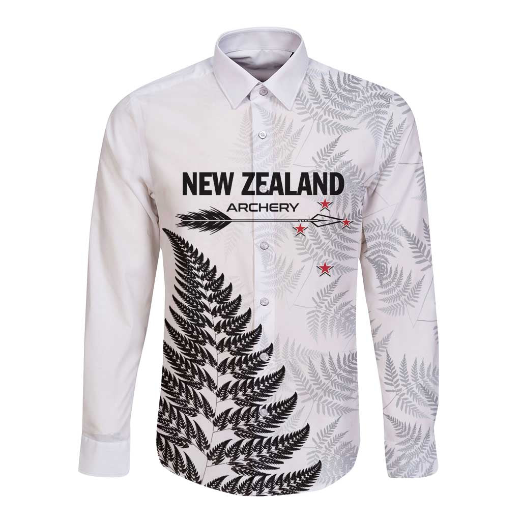 Personalised New Zealand 2025 Archery Long Sleeve Button Shirt Aotearoa Silver Arrows White