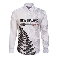 Personalised New Zealand 2025 Archery Long Sleeve Button Shirt Aotearoa Silver Arrows White