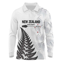 Personalised New Zealand 2025 Archery Long Sleeve Polo Shirt Aotearoa Silver Arrows White