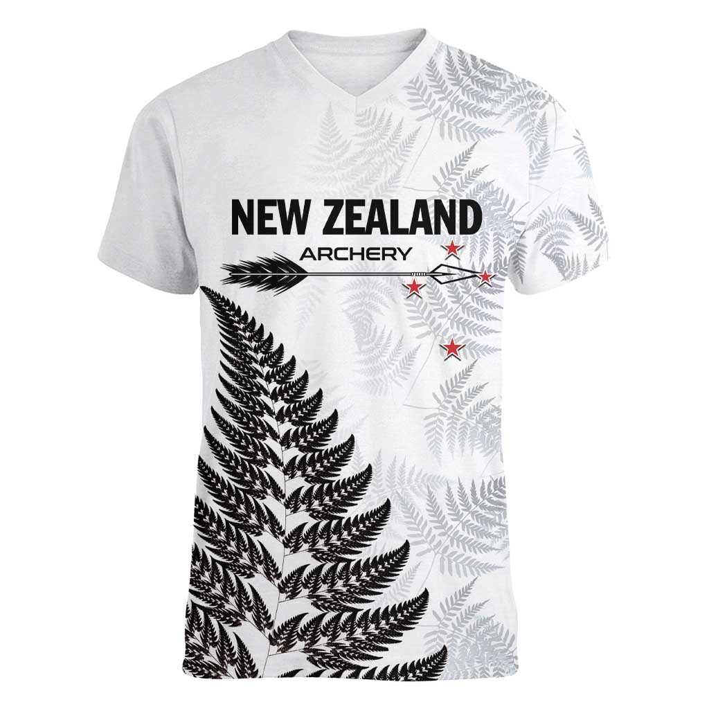 Personalised New Zealand 2025 Archery Women V-Neck T-Shirt Aotearoa Silver Arrows White