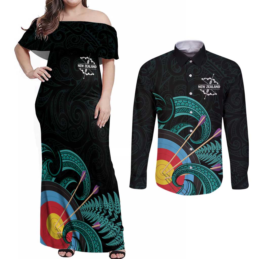 Personalised New Zealand Archery Couples Matching Off Shoulder Maxi Dress and Long Sleeve Button Shirt Turquoise Maori Silver Fern LT01 Turquoise - Polynesian Pride
