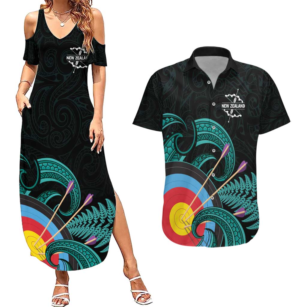 Personalised New Zealand Archery Couples Matching Summer Maxi Dress and Hawaiian Shirt Turquoise Maori Silver Fern