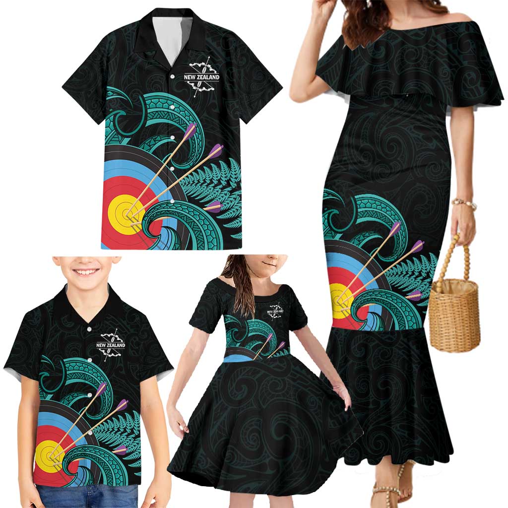 Personalised New Zealand Archery Family Matching Mermaid Dress and Hawaiian Shirt Turquoise Maori Silver Fern