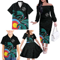 Personalised New Zealand Archery Family Matching Off The Shoulder Long Sleeve Dress and Hawaiian Shirt Turquoise Maori Silver Fern