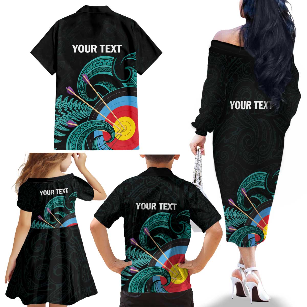 Personalised New Zealand Archery Family Matching Off The Shoulder Long Sleeve Dress and Hawaiian Shirt Turquoise Maori Silver Fern