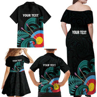 Personalised New Zealand Archery Family Matching Off Shoulder Maxi Dress and Hawaiian Shirt Turquoise Maori Silver Fern