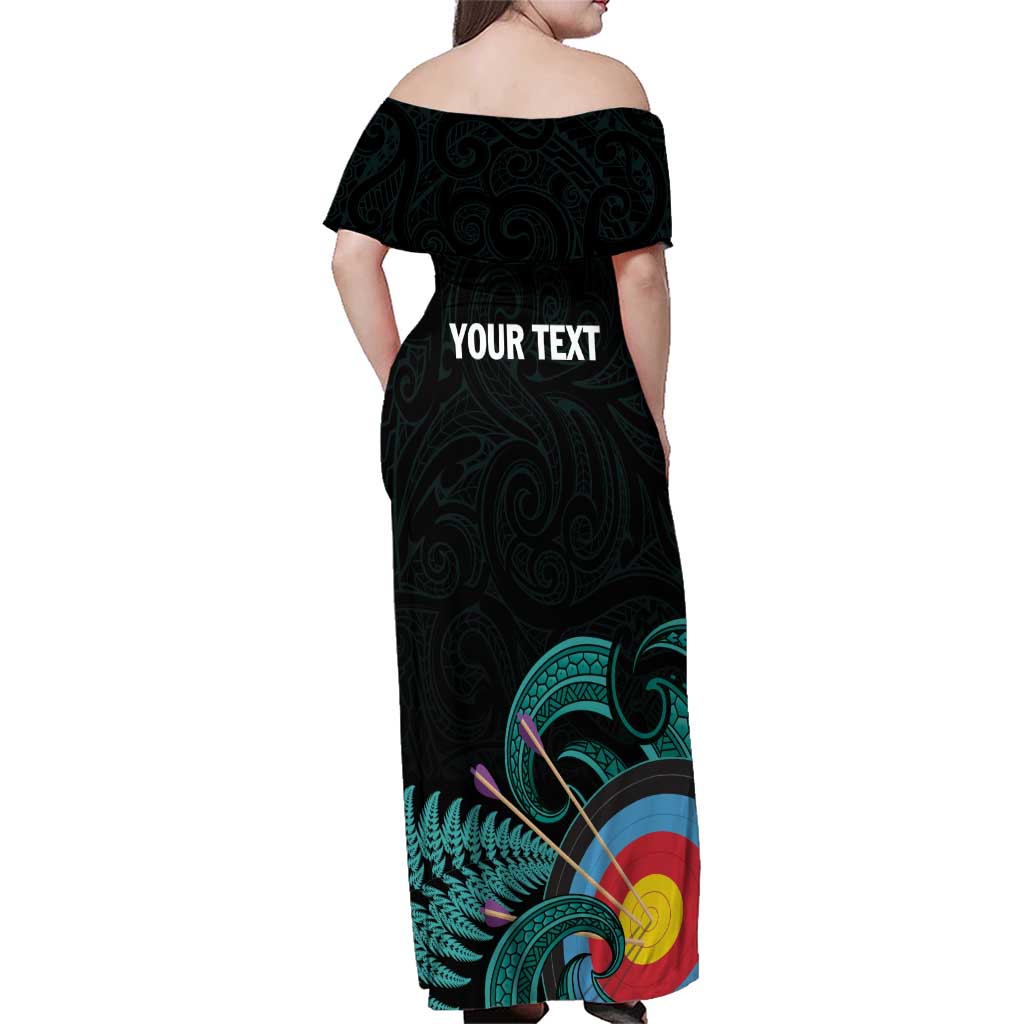 Personalised New Zealand Archery Family Matching Off Shoulder Maxi Dress and Hawaiian Shirt Turquoise Maori Silver Fern