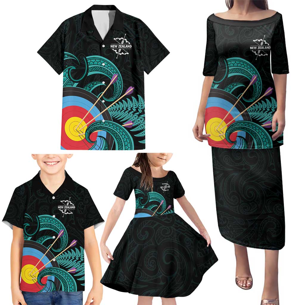 Personalised New Zealand Archery Family Matching Puletasi and Hawaiian Shirt Turquoise Maori Silver Fern