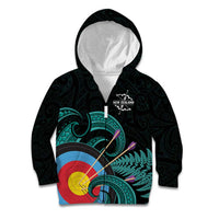 Personalised New Zealand Archery Kid Hoodie Turquoise Maori Silver Fern