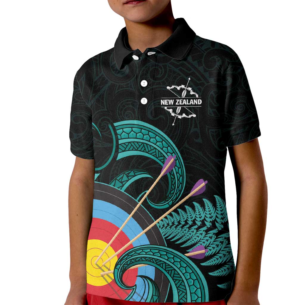 Personalised New Zealand Archery Kid Polo Shirt Turquoise Maori Silver Fern