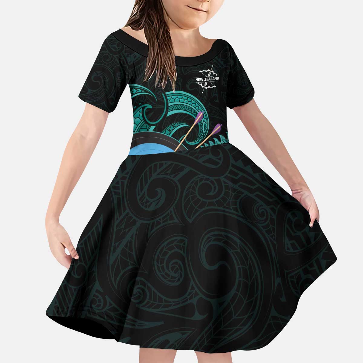 Personalised New Zealand Archery Kid Short Sleeve Dress Turquoise Maori Silver Fern