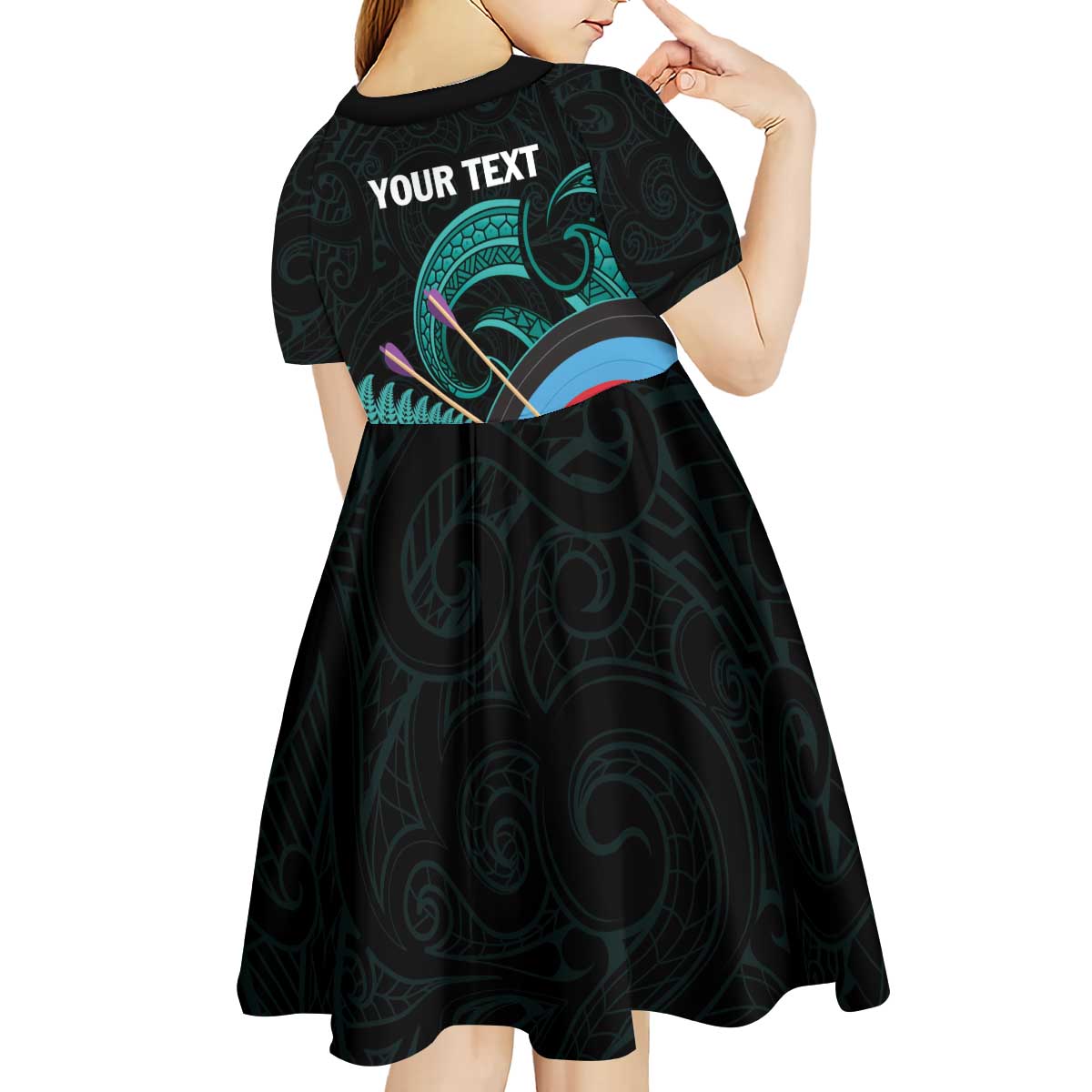 Personalised New Zealand Archery Kid Short Sleeve Dress Turquoise Maori Silver Fern