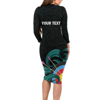 Personalised New Zealand Archery Long Sleeve Bodycon Dress Turquoise Maori Silver Fern