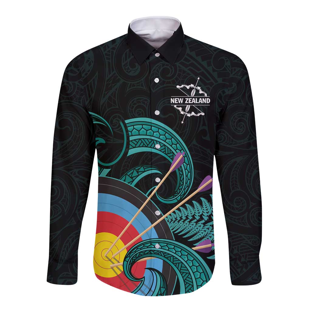 Personalised New Zealand Archery Long Sleeve Button Shirt Turquoise Maori Silver Fern