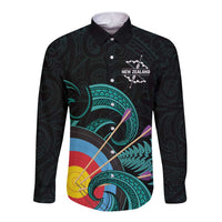 Personalised New Zealand Archery Long Sleeve Button Shirt Turquoise Maori Silver Fern LT01 Unisex Turquoise - Polynesian Pride