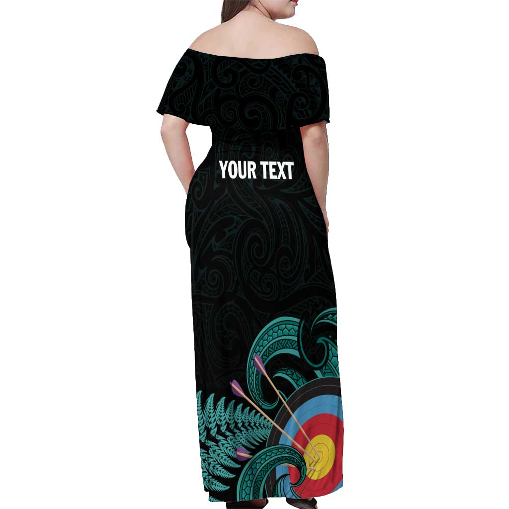 Personalised New Zealand Archery Off Shoulder Maxi Dress Turquoise Maori Silver Fern