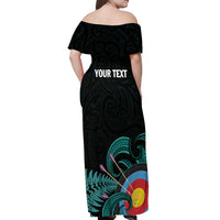Personalised New Zealand Archery Off Shoulder Maxi Dress Turquoise Maori Silver Fern