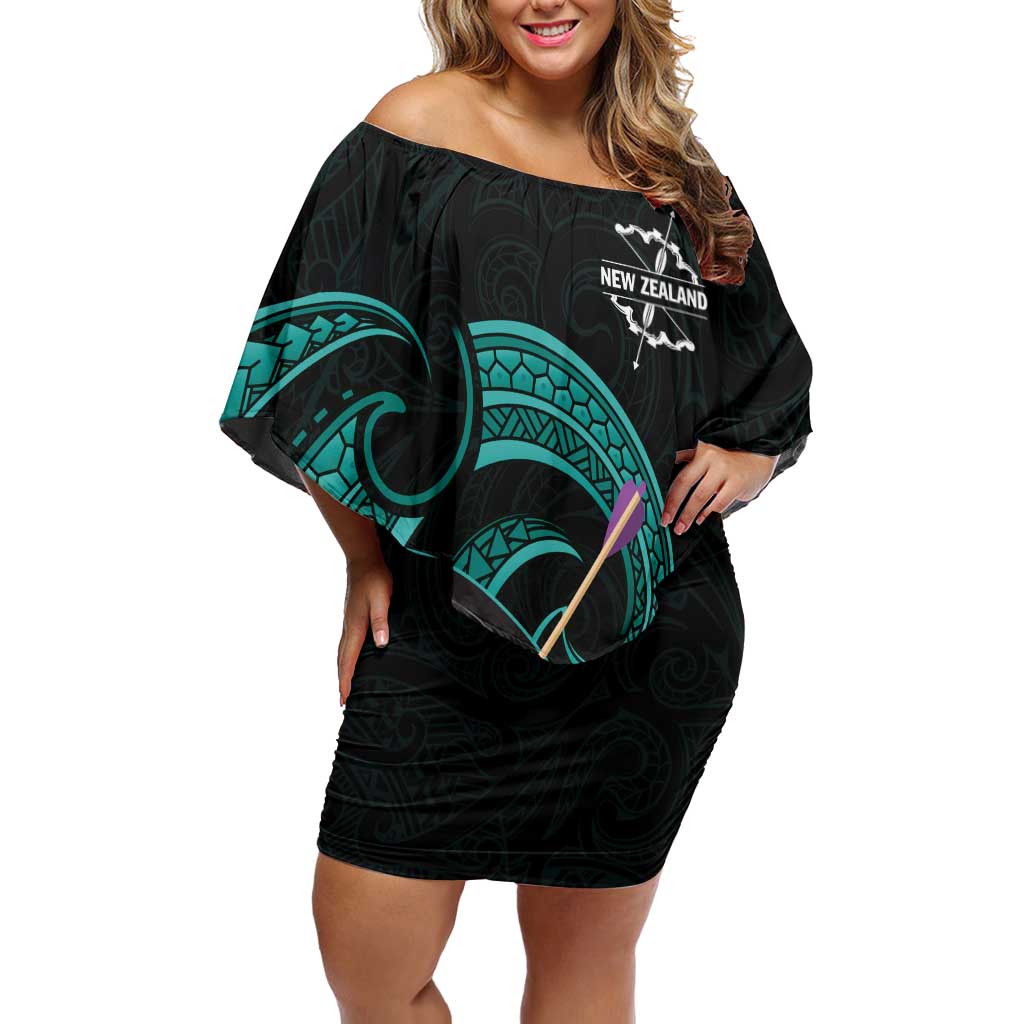 Personalised New Zealand Archery Off Shoulder Short Dress Turquoise Maori Silver Fern