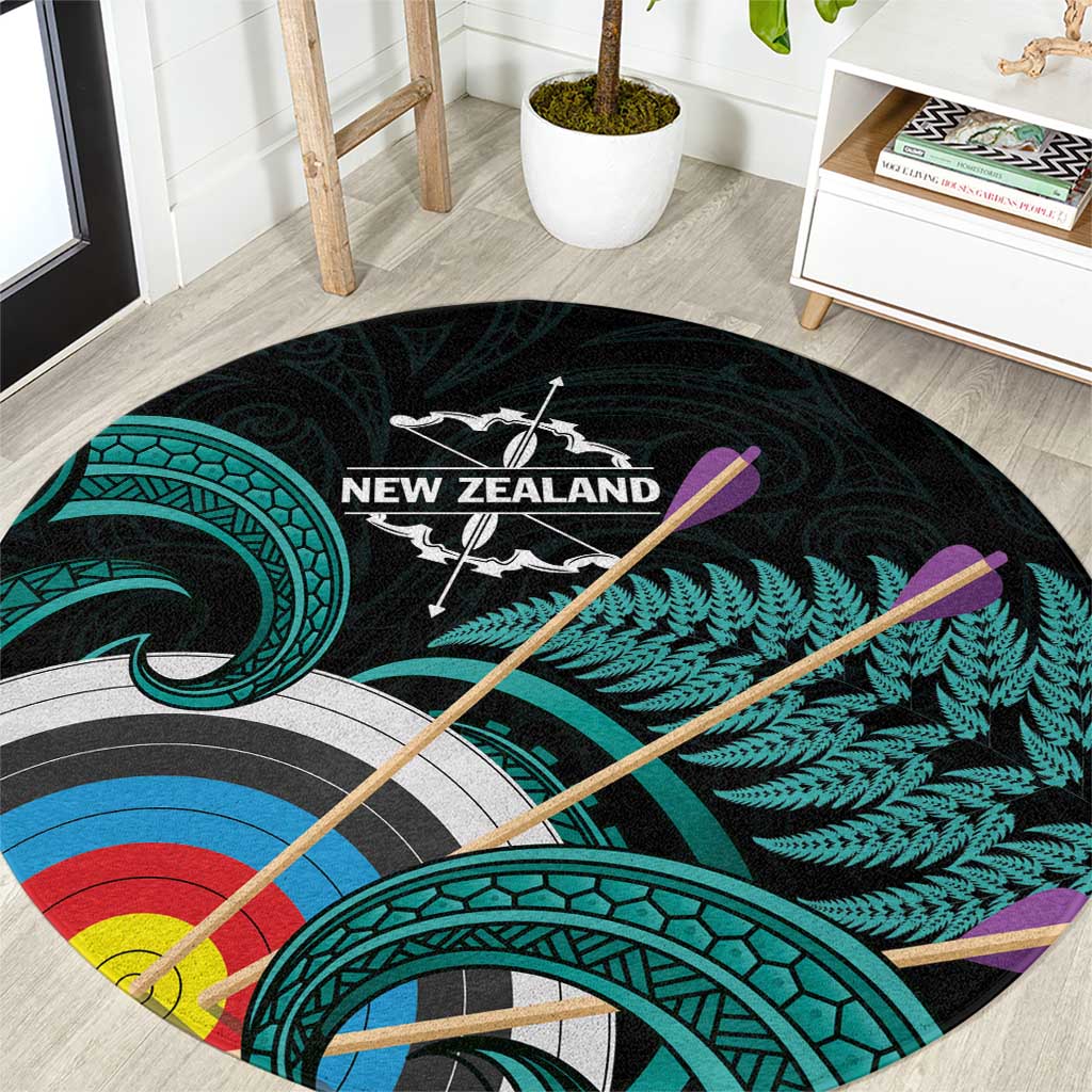 New Zealand Archery Round Carpet Turquoise Maori Silver Fern
