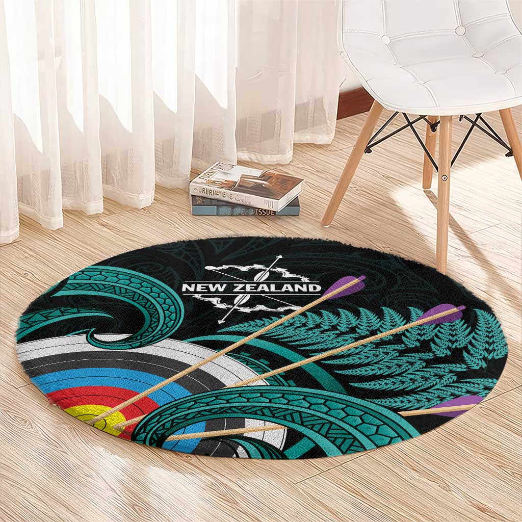 New Zealand Archery Round Carpet Turquoise Maori Silver Fern