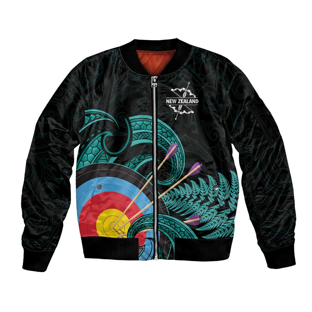Personalised New Zealand Archery Sleeve Zip Bomber Jacket Turquoise Maori Silver Fern LT01 Unisex Turquoise - Polynesian Pride