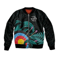 Personalised New Zealand Archery Sleeve Zip Bomber Jacket Turquoise Maori Silver Fern LT01 Unisex Turquoise - Polynesian Pride