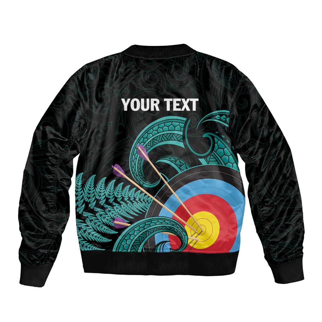 Personalised New Zealand Archery Sleeve Zip Bomber Jacket Turquoise Maori Silver Fern LT01 - Polynesian Pride