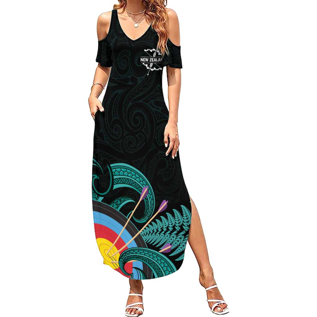 Personalised New Zealand Archery Summer Maxi Dress Turquoise Maori Silver Fern