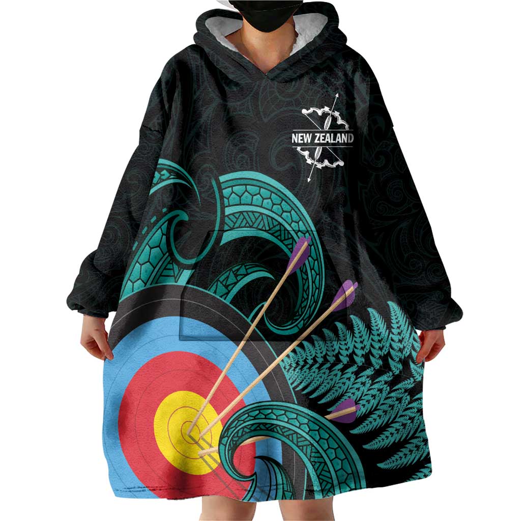 Personalised New Zealand Archery Wearable Blanket Hoodie Turquoise Maori Silver Fern