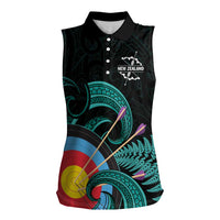 Personalised New Zealand Archery Women Sleeveless Polo Shirt Turquoise Maori Silver Fern