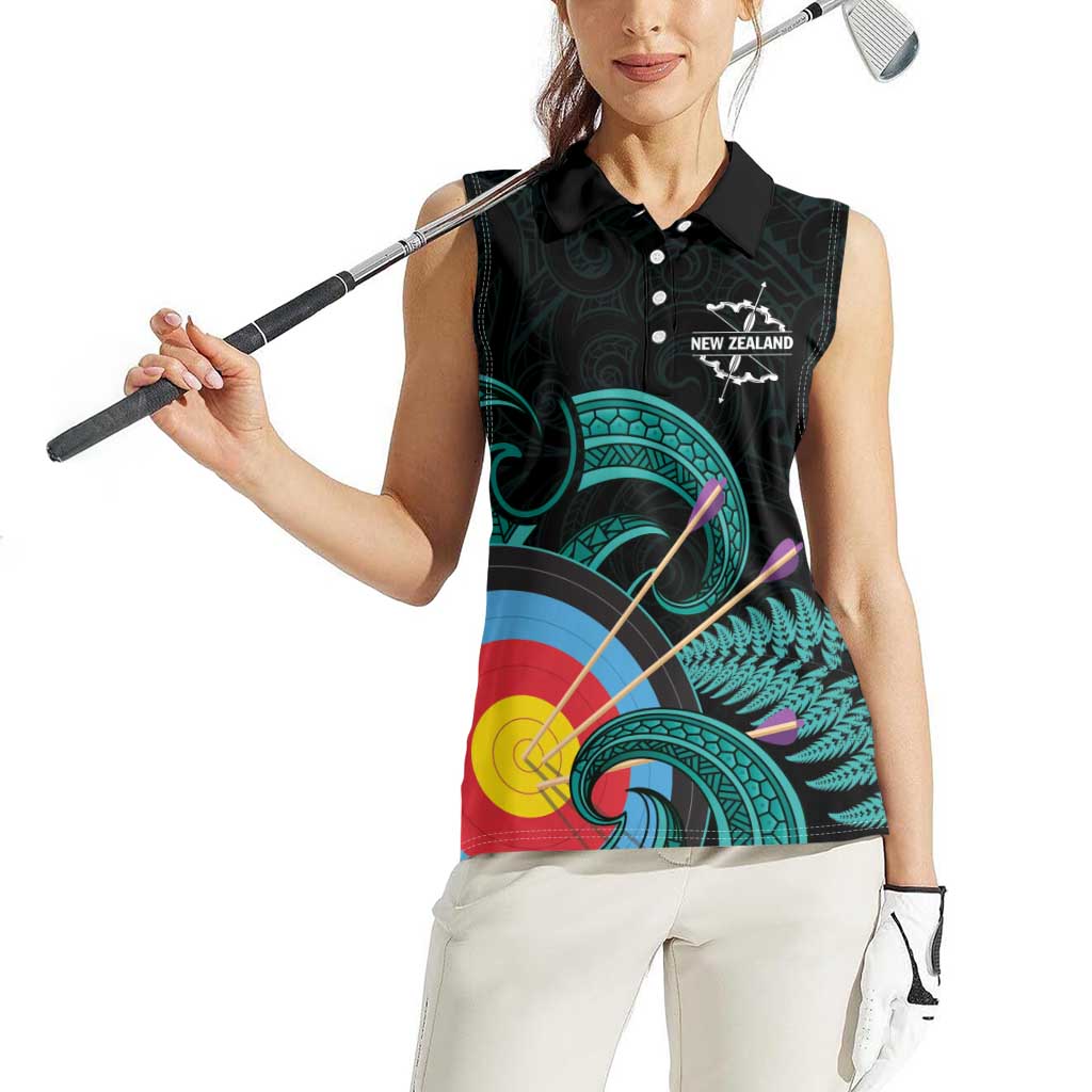 Personalised New Zealand Archery Women Sleeveless Polo Shirt Turquoise Maori Silver Fern