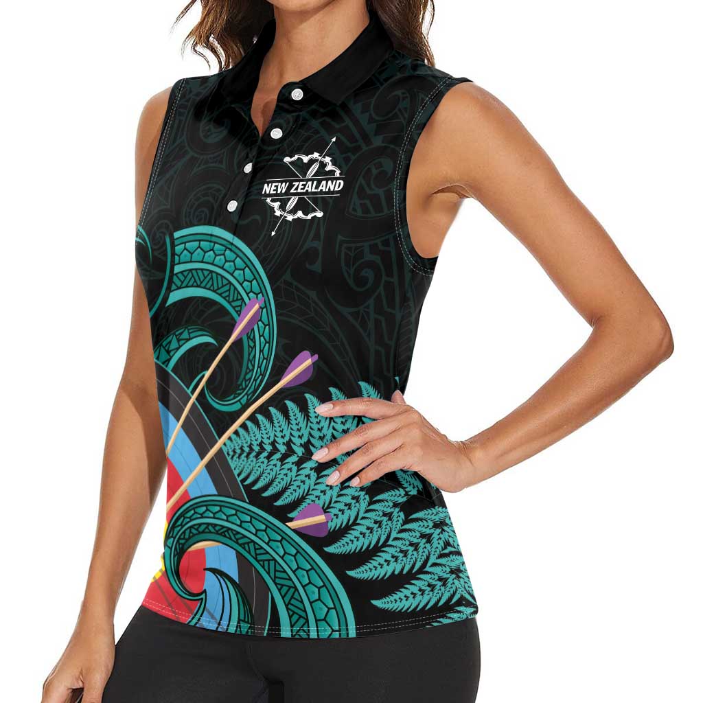Personalised New Zealand Archery Women Sleeveless Polo Shirt Turquoise Maori Silver Fern