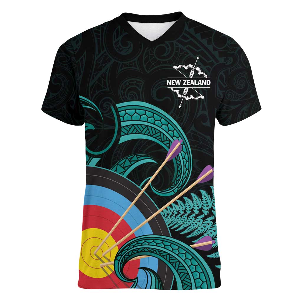 Personalised New Zealand Archery Women V-Neck T-Shirt Turquoise Maori Silver Fern
