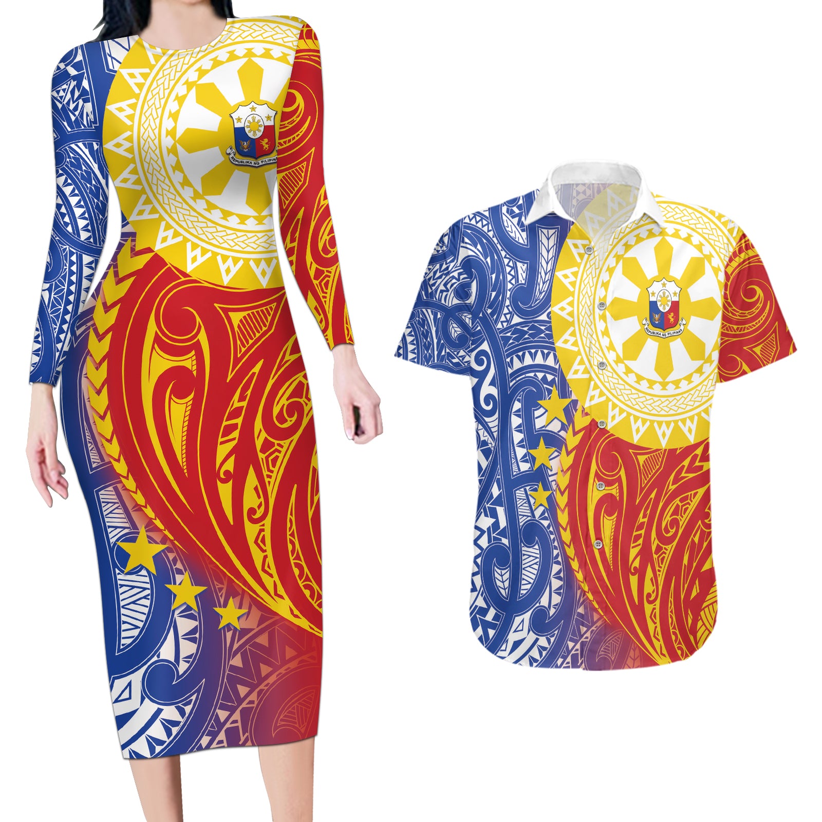 Philippines Couples Matching Long Sleeve Bodycon Dress and Hawaiian Shirt Pilipinas Polynesian Pattern LT01 Art - Polynesian Pride