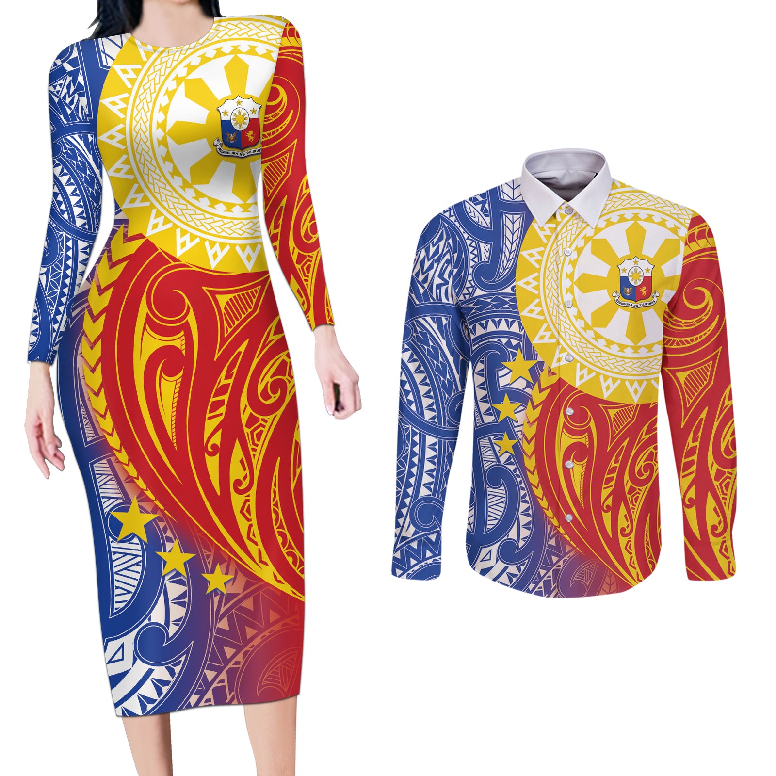 Philippines Couples Matching Long Sleeve Bodycon Dress and Long Sleeve Button Shirt Pilipinas Polynesian Pattern LT01 Art - Polynesian Pride