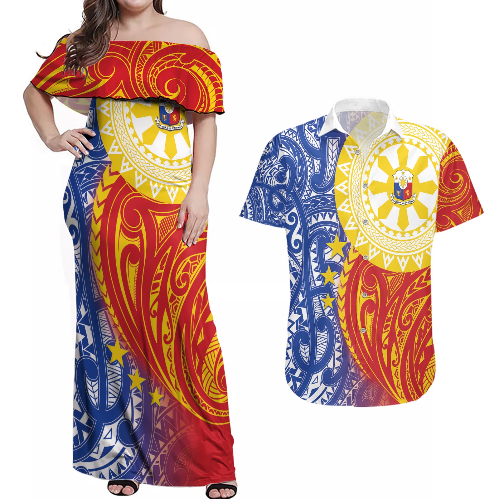 Philippines Couples Matching Off Shoulder Maxi Dress and Hawaiian Shirt Pilipinas Polynesian Pattern LT01 Art - Polynesian Pride