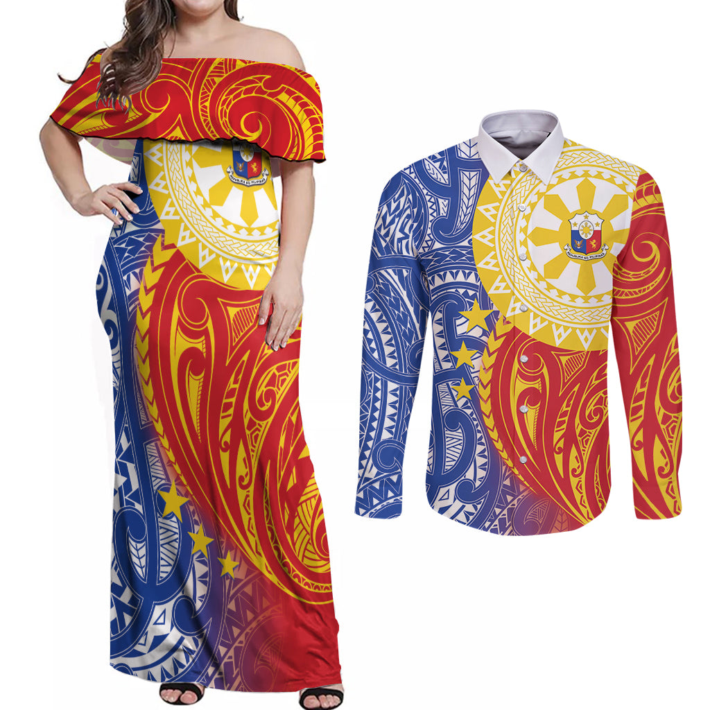 Philippines Couples Matching Off Shoulder Maxi Dress and Long Sleeve Button Shirt Pilipinas Polynesian Pattern LT01 Art - Polynesian Pride