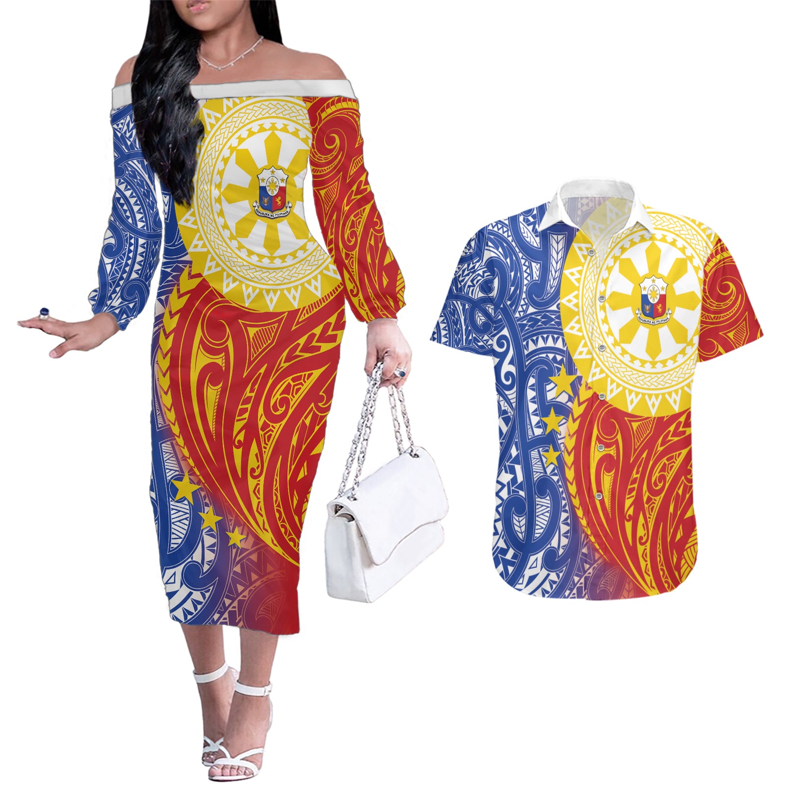 Philippines Couples Matching Off The Shoulder Long Sleeve Dress and Hawaiian Shirt Pilipinas Polynesian Pattern LT01 Art - Polynesian Pride