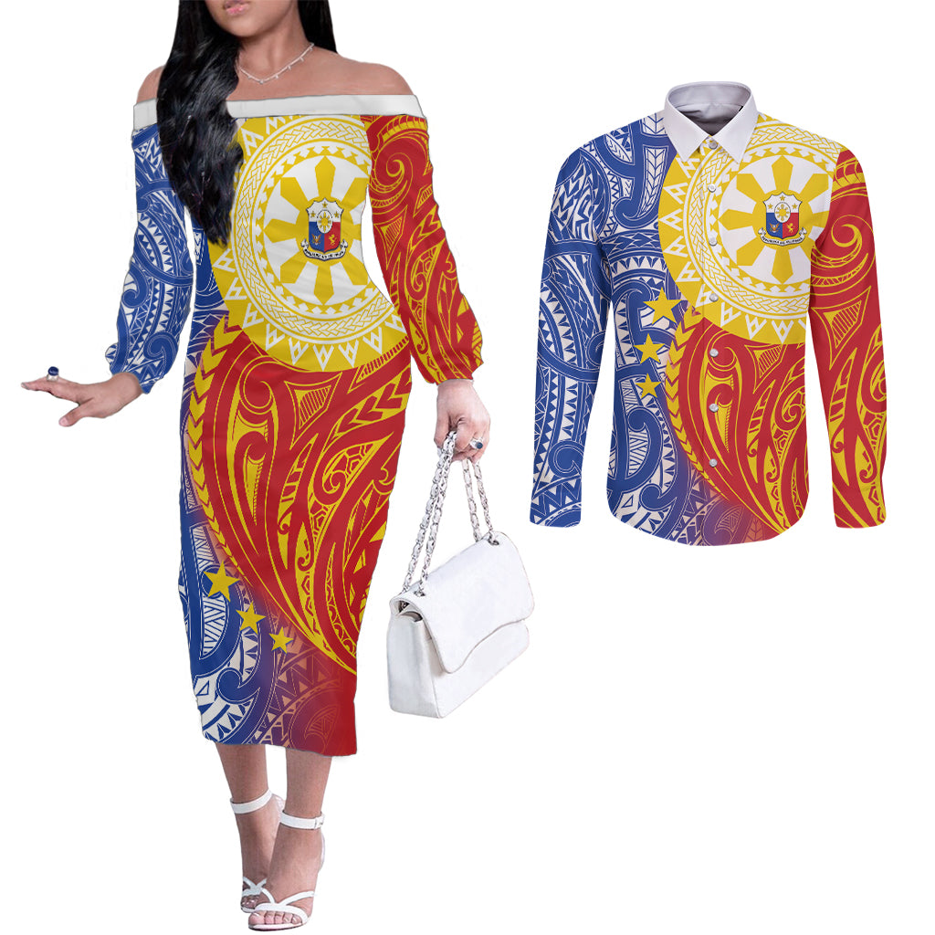 Philippines Couples Matching Off The Shoulder Long Sleeve Dress and Long Sleeve Button Shirt Pilipinas Polynesian Pattern LT01 Art - Polynesian Pride