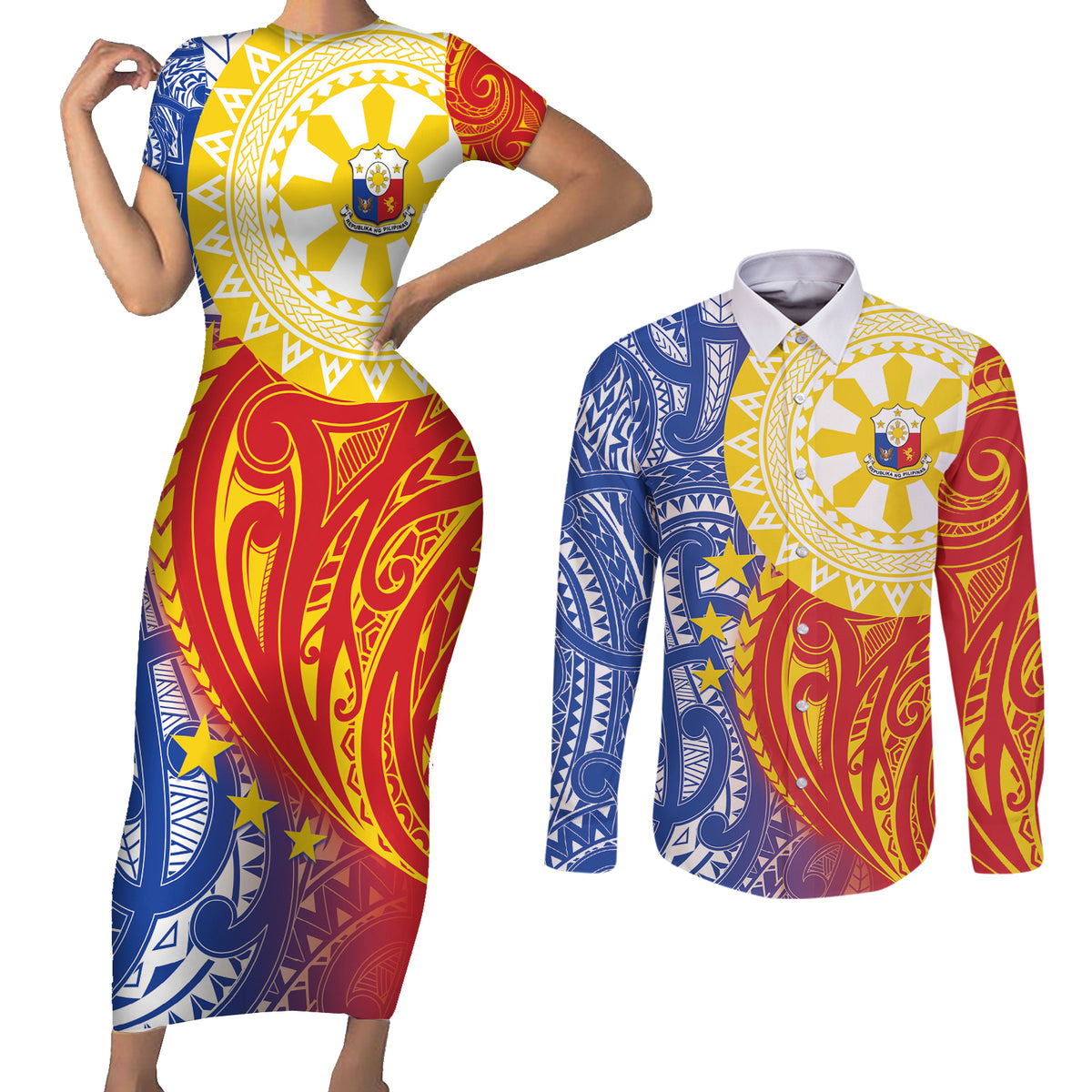 Philippines Couples Matching Short Sleeve Bodycon Dress and Long Sleeve Button Shirt Pilipinas Polynesian Pattern