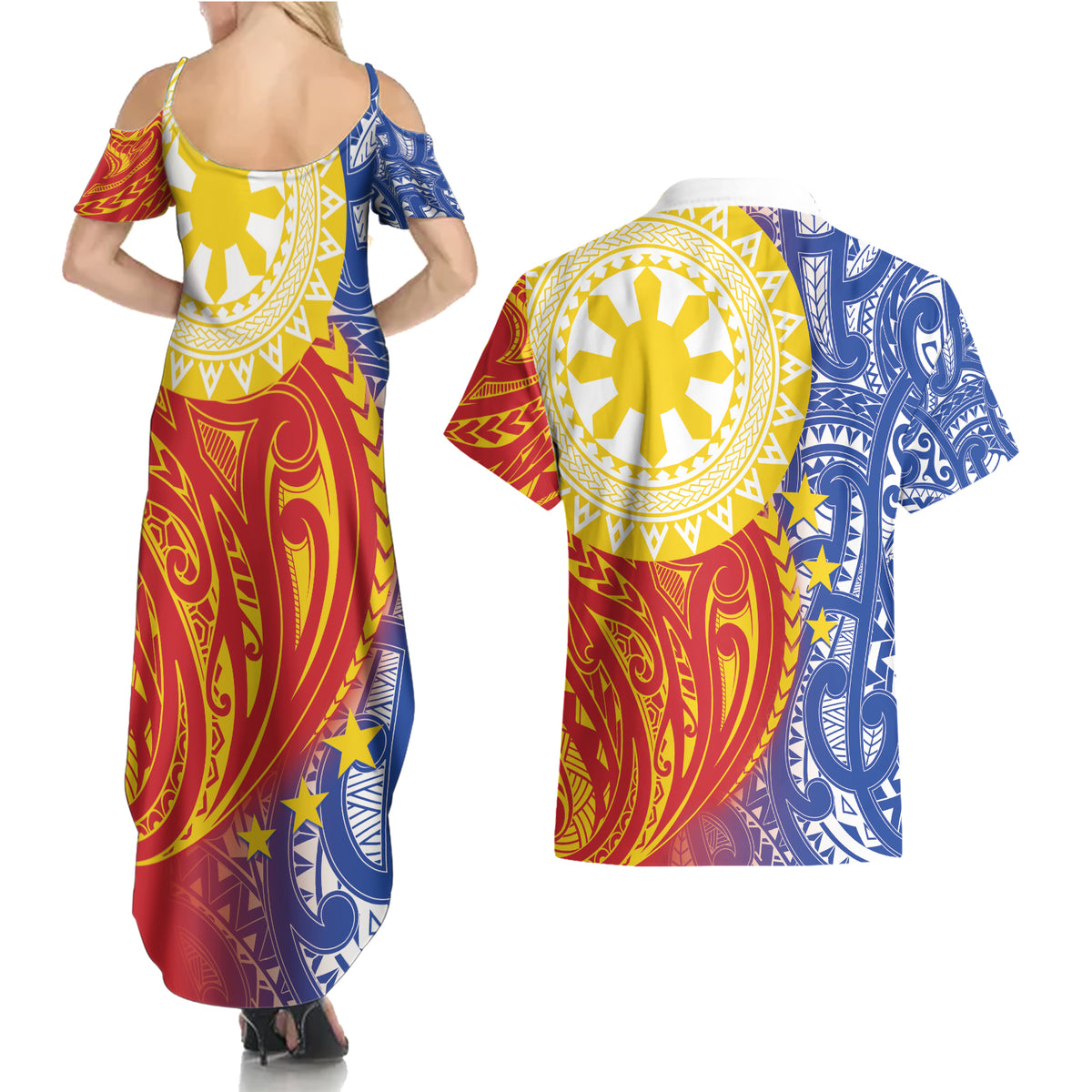Philippines Couples Matching Summer Maxi Dress and Hawaiian Shirt Pilipinas Polynesian Pattern