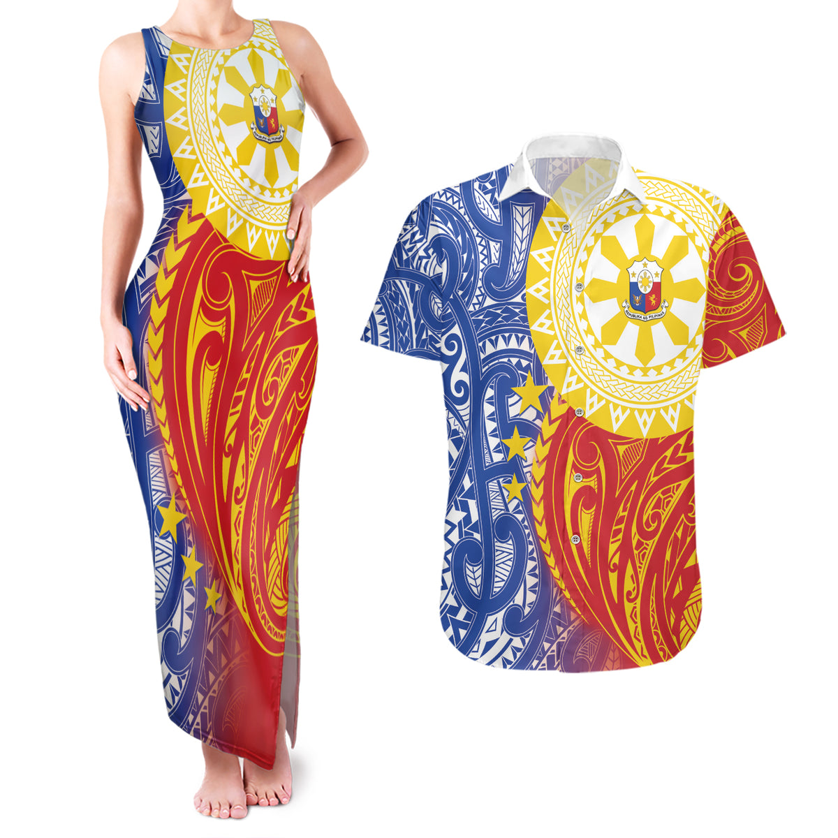 Philippines Couples Matching Tank Maxi Dress and Hawaiian Shirt Pilipinas Polynesian Pattern