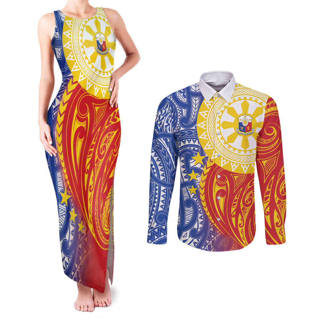 Philippines Couples Matching Tank Maxi Dress and Long Sleeve Button Shirt Pilipinas Polynesian Pattern LT01 Art - Polynesian Pride